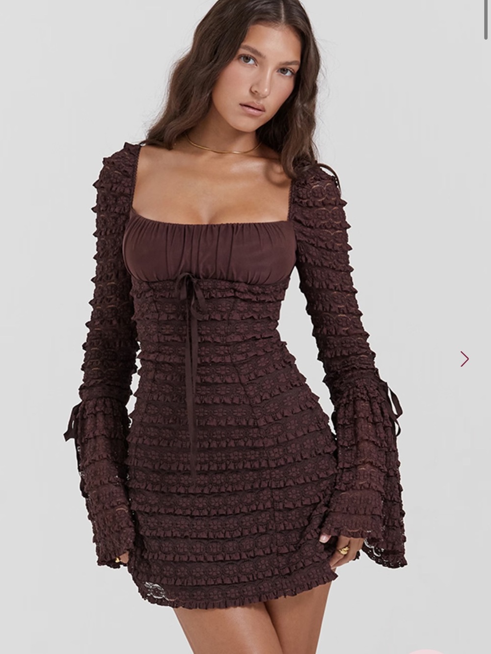 House of CB Marisa Espresso Lace Long Sleeve Dress Brown